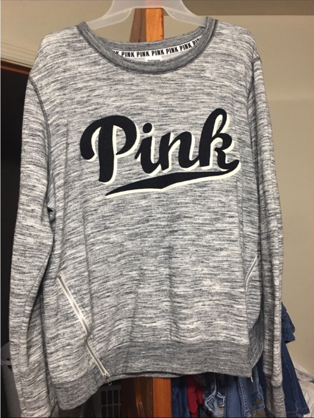Victoria's Secret PINK Heather Gray Crewneck Sweatshirt with Navy Logo